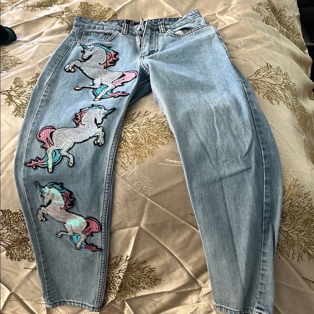 Light Blue Straight Leg Jeans with Colorful Unicorn Embroidery